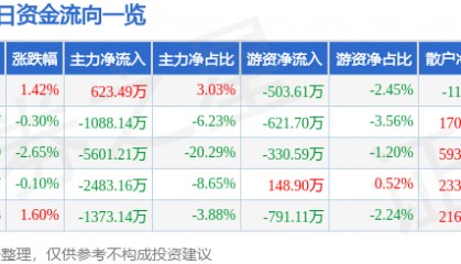 股票行情快报：日出东方（603366）9月11日主力资金净买入623.49万元