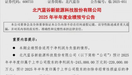 北汽蓝谷上半年预亏22亿至24.5亿