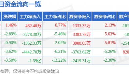 股票行情快报：完美世界（002624）10月15日主力资金净买入482.40万元