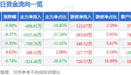 股票行情快报：ST张家界（000430）9月17日主力资金净卖出498.81万元