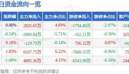 股票行情快报：中国石化（600028）11月6日主力资金净买入2835.65万元