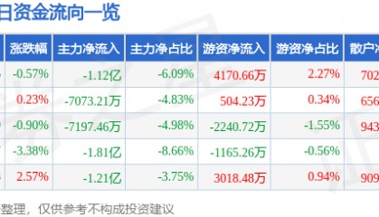 股票行情快报：巨轮智能（002031）9月12日主力资金净卖出1.12亿元