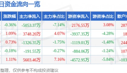 股票行情快报：中国石化（600028）10月24日主力资金净卖出5053.37万元