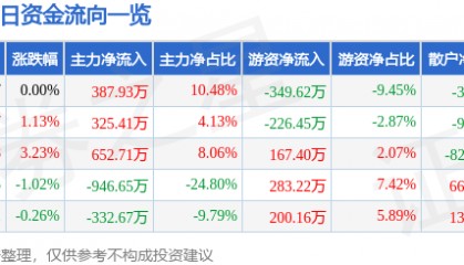 股票行情快报：ST张家界（000430）9月30日主力资金净买入387.93万元