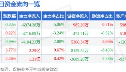 股票行情快报：北汽蓝谷（600733）8月11日主力资金净卖出6974.28万元