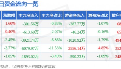股票行情快报：三丰智能（300276）10月9日主力资金净卖出301.56万元
