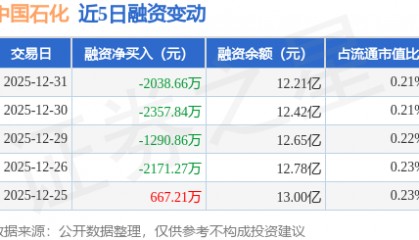 中国石化：12月31日融资买入4453.98万元，融资融券余额12.36亿元