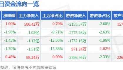 股票行情快报：四川长虹（600839）5月26日主力资金净买入580.42万元