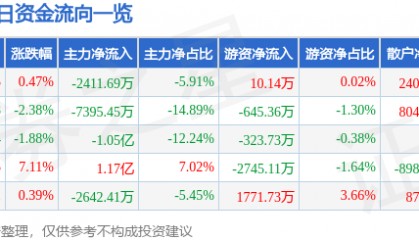股票行情快报：三丰智能（300276）8月11日主力资金净卖出2411.69万元