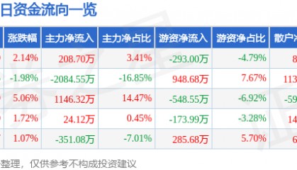 股票行情快报：ST张家界（000430）9月10日主力资金净买入208.70万元