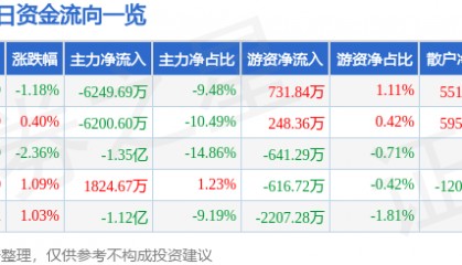 股票行情快报：通富微电（002156）7月4日主力资金净卖出6249.69万元