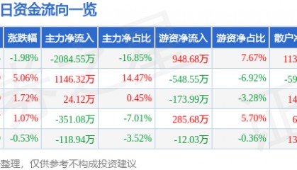 股票行情快报：ST张家界（000430）9月9日主力资金净卖出2084.55万元