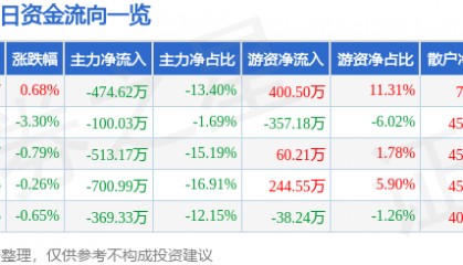 股票行情快报：ST张家界（000430）10月20日主力资金净卖出474.62万元