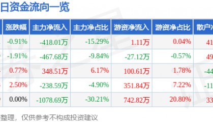 股票行情快报：ST张家界（000430）10月29日主力资金净卖出418.01万元