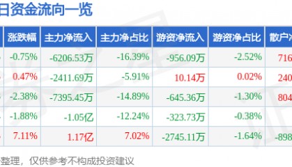 股票行情快报：三丰智能（300276）8月12日主力资金净卖出6206.53万元