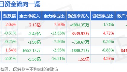 股票行情快报：京东方Ａ（000725）8月20日主力资金净买入2.15亿元