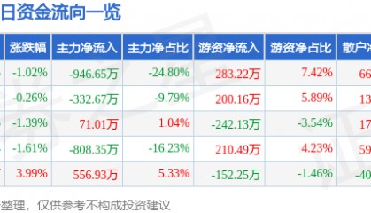 股票行情快报：ST张家界（000430）9月25日主力资金净卖出946.65万元