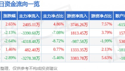 股票行情快报：完美世界（002624）10月20日主力资金净买入2405.11万元