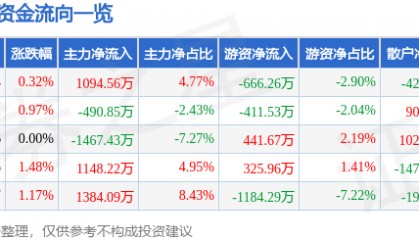 股票行情快报：二六三（002467）10月24日主力资金净买入1094.56万元
