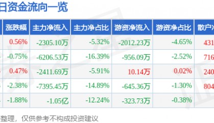 股票行情快报：三丰智能（300276）8月13日主力资金净卖出2305.10万元
