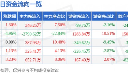 股票行情快报：ST张家界（000430）10月10日主力资金净买入346.25万元
