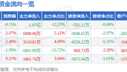 股票行情快报：深科技（000021）8月13日主力资金净卖出1.07亿元