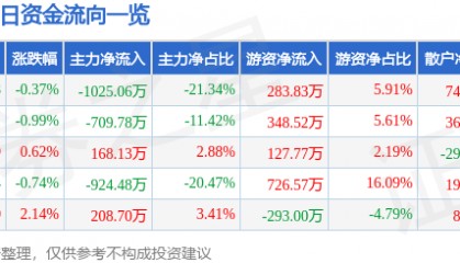 股票行情快报：ST张家界（000430）9月16日主力资金净卖出1025.06万元