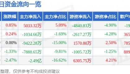 股票行情快报：巨轮智能（002031）8月13日主力资金净买入5033.32万元