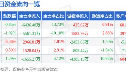 股票行情快报：古井贡酒（000596）11月4日主力资金净卖出6436.48万元