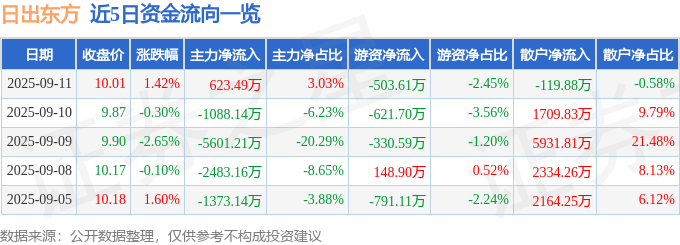 股票行情快报：日出东方（603366）9月11日主力资金净买入623.49万元