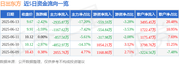股票行情快报：日出东方（603366）6月13日主力资金净卖出2935.87万元