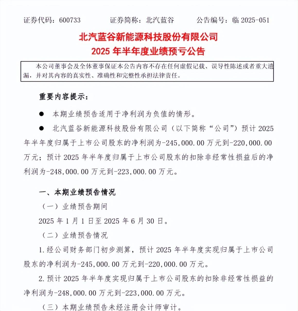 北汽蓝谷(600733):2025年上半年预计持续亏损