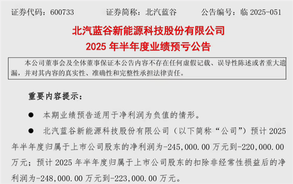 北汽蓝谷上半年预亏22亿至24.5亿
