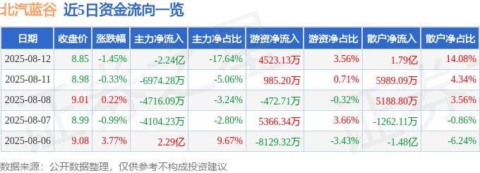 股票行情快报：北汽蓝谷（600733）8月12日主力资金净卖出2.24亿元