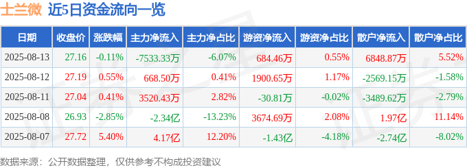 股票行情快报:士兰微(600460)8月13日主力资金净卖出7533.33万元