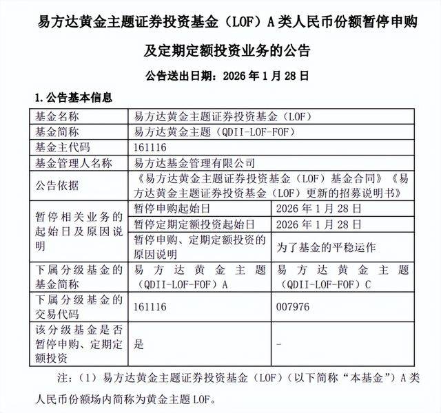 黄金、白银基金宣布：暂停申购